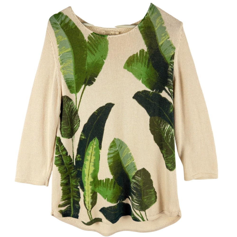 Womens Palm Leaf Tropical 100% Cotton Knit Sweater Cream Sz L Resort Island